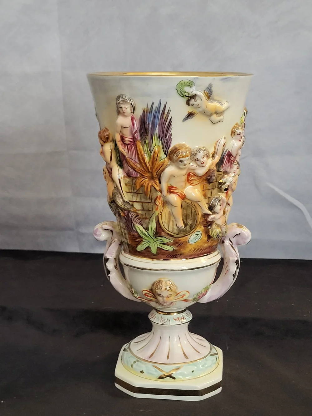 Numbered Ornate White and Gold Porcelain Urn Vase with Multicolor Relief